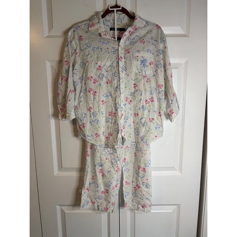 Lauren Ralph Lauren Womens Floral Pajama Set White Pink Blue Cotton Blend S